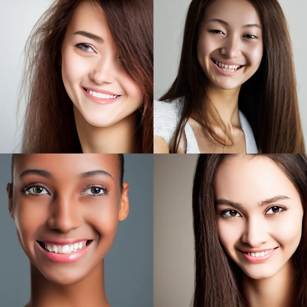 Prompt: photo of slim girl model, smiling , 20yo, face close-up, high detail, studio, sharp, Canon- 70-200mm lens