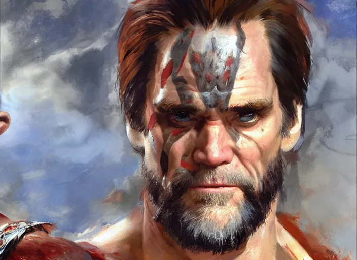 Image similar to a highly detailed beautiful portrait of jim carrey as kratos, by gregory manchess, james gurney, james jean