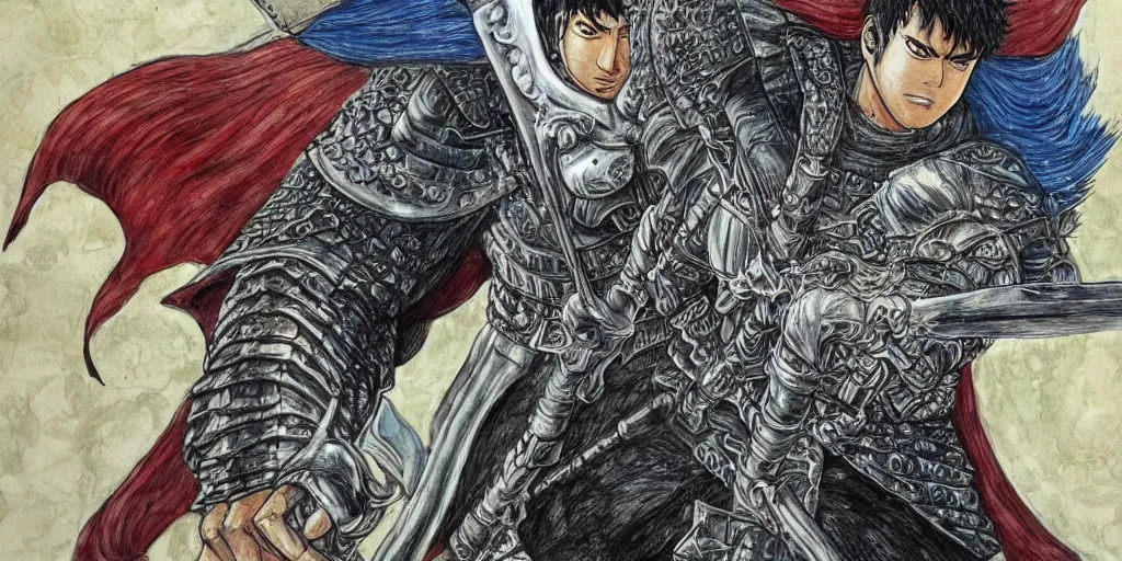 Image similar to guts with one arm, greatsword, detailed face, high detail, castle background, colourful, by kentaro miura