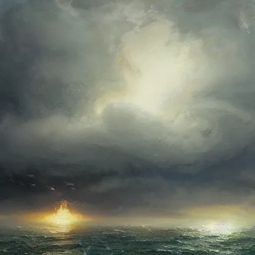 Prompt: island floating in the sky caught in a hurricane, oil painting, by greg rutkowski