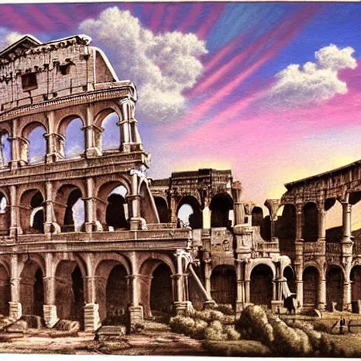 Prompt: amazing punk, heaven pink, engraving, punk rock, lots of roman arches, sun, joy, clouds, sky, volumetric light, detailed, romanticism, pastel drawing, big size