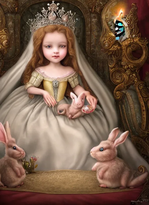 Image similar to highly detailed closeup portrait of a fairytale medieval princess wearing a crown and sitting on a throne, surrounded by cute bunnies, unreal engine, nicoletta ceccoli, mark ryden, earl norem, lostfish, global illumination, god rays, detailed and intricate environment