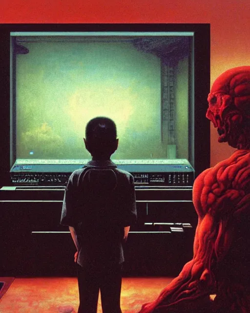 Image similar to 8k professional photo of an 8 years old boy standing in front of a computer from 90s with a game doom2 at the monitor screen, Beksinski impasto painting, part by Adrian Ghenie and Gerhard Richter. art by Takato Yamamoto, masterpiece