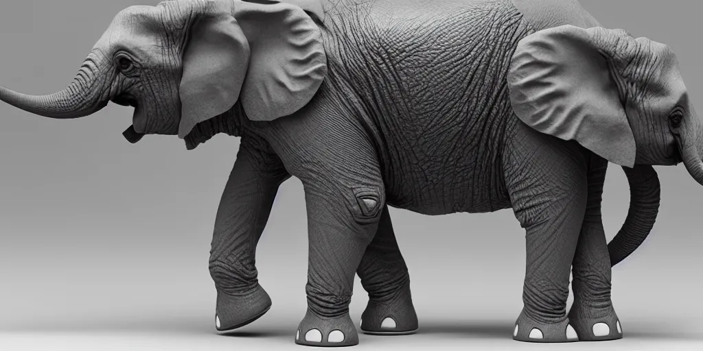 Prompt: baby elephant wearing low-poly, body-armor, intricate detail, military-grade, futuristic, orthographic, octane render, 4k, dynamic pose