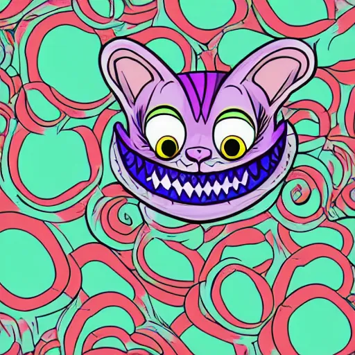 Image similar to psychedelic Cheshire cat smiling way too big, digital art, vector sticker, 2D colors, flat colors
