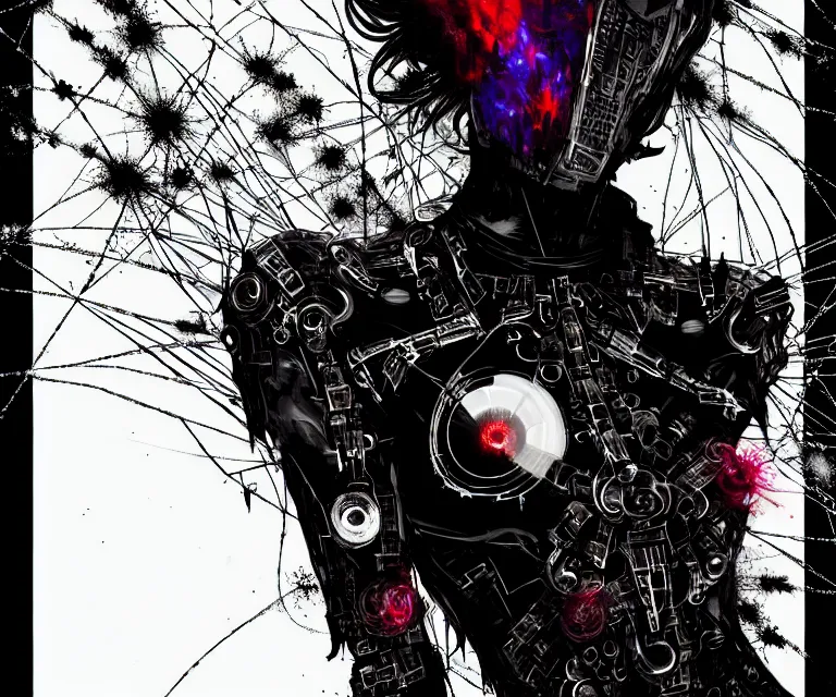 Prompt: gothic mute hybrid cyborg wearing cybor clothes shaping the universe, freedom fighter, eerie, cinematic, epic, 8 k, ultra realistic, rendered by awesomeness. | nights falling wind is blowwing snow is pilling concept art in style of carne griffiths artwork by xsullo. | backround of beautiful floweres floatingby elson, peter kemp, peter