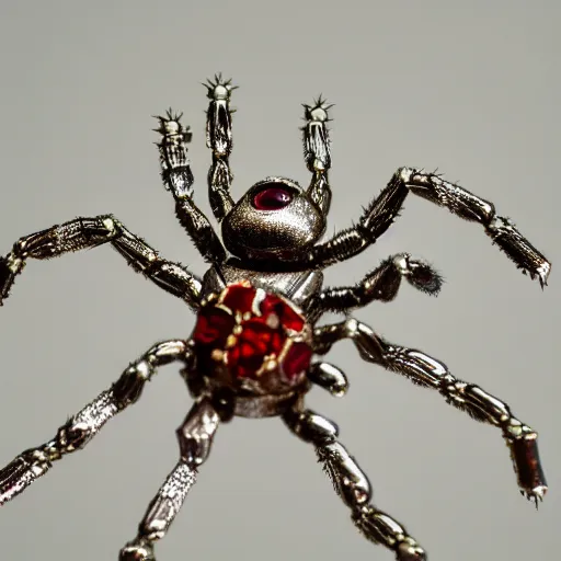 Prompt: macro photograph of a miniature mechanical spider made of silver and garnets, flickr