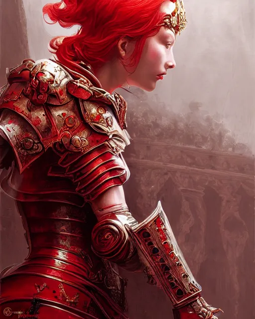 Prompt: redhead queen knight in heavy red armor, inside grand hall in castle with rococo aesthetic, intimidating, high fantasy, intricate detail, digital painting, artstation, concept art, smooth, sharp focus, illustration, art by yoshitaka amano and monia merlo and wlop, masterpiece