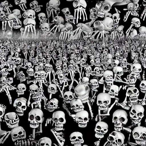 Image similar to photo, a giant crowd of shiny refective black latex claymation skeletons by ray harryhausen dancing inside a colorful underground ussr night club