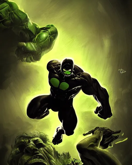 Image similar to hulk symbiote dynamic lighting, fantasy concept art, trending on art station, stunning visuals, creative, cinematic, ultra detailed, comic strip style