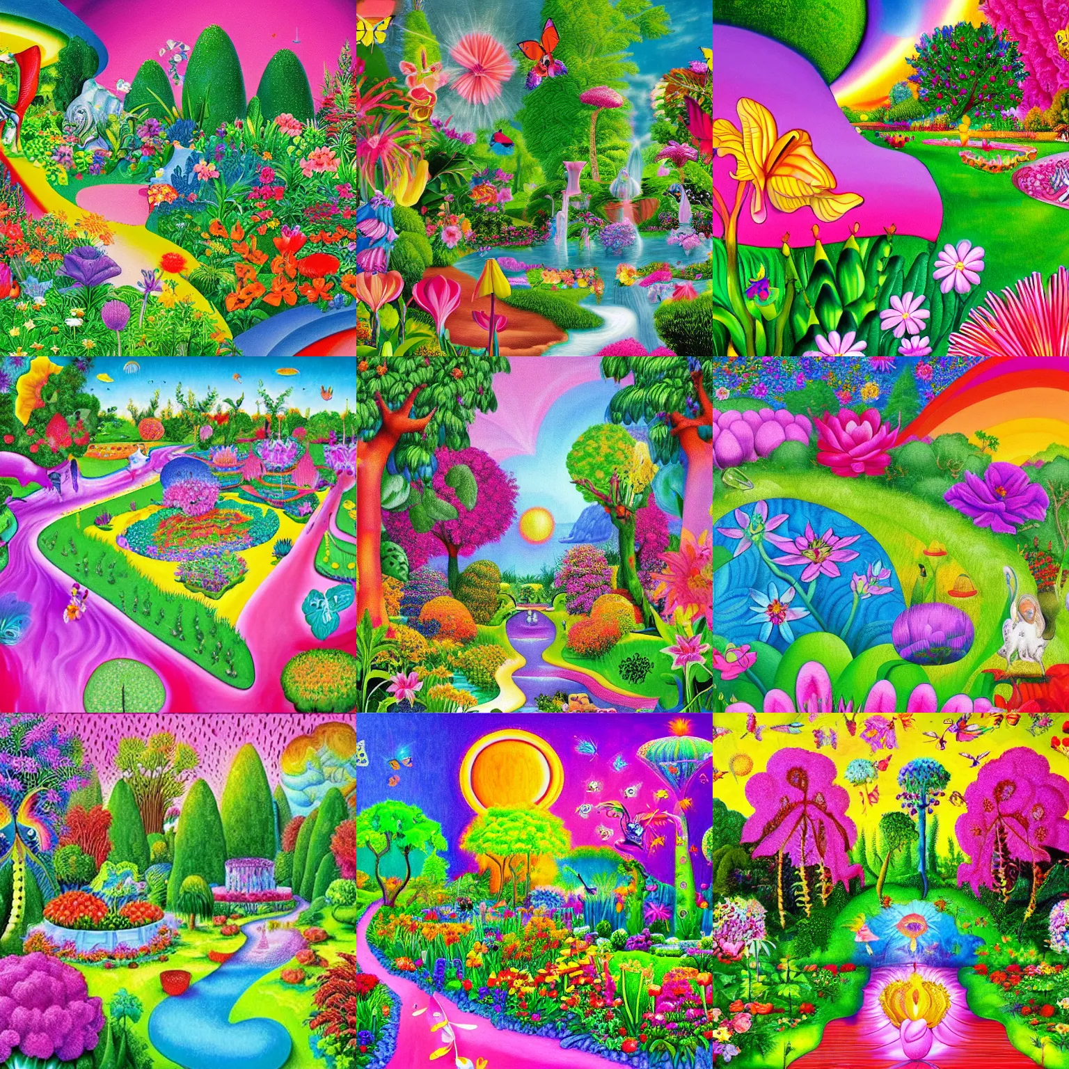 Prompt: bosch and lisa frank painting of a magnificent garden