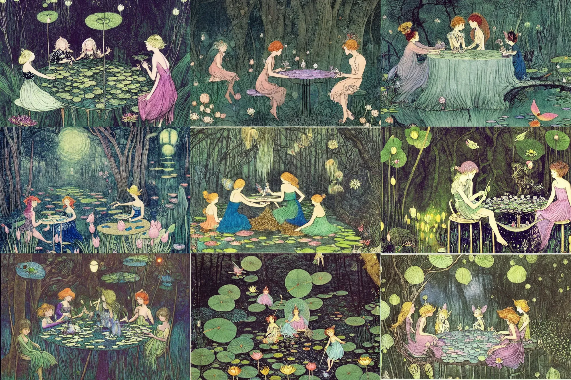 Prompt: a group of gracious fairies!! playing cards!! on a table in an atmospheric moonlit forest next to a beautiful pond!! filled with water lilies!!, artwork by ida rentoul outhwaite