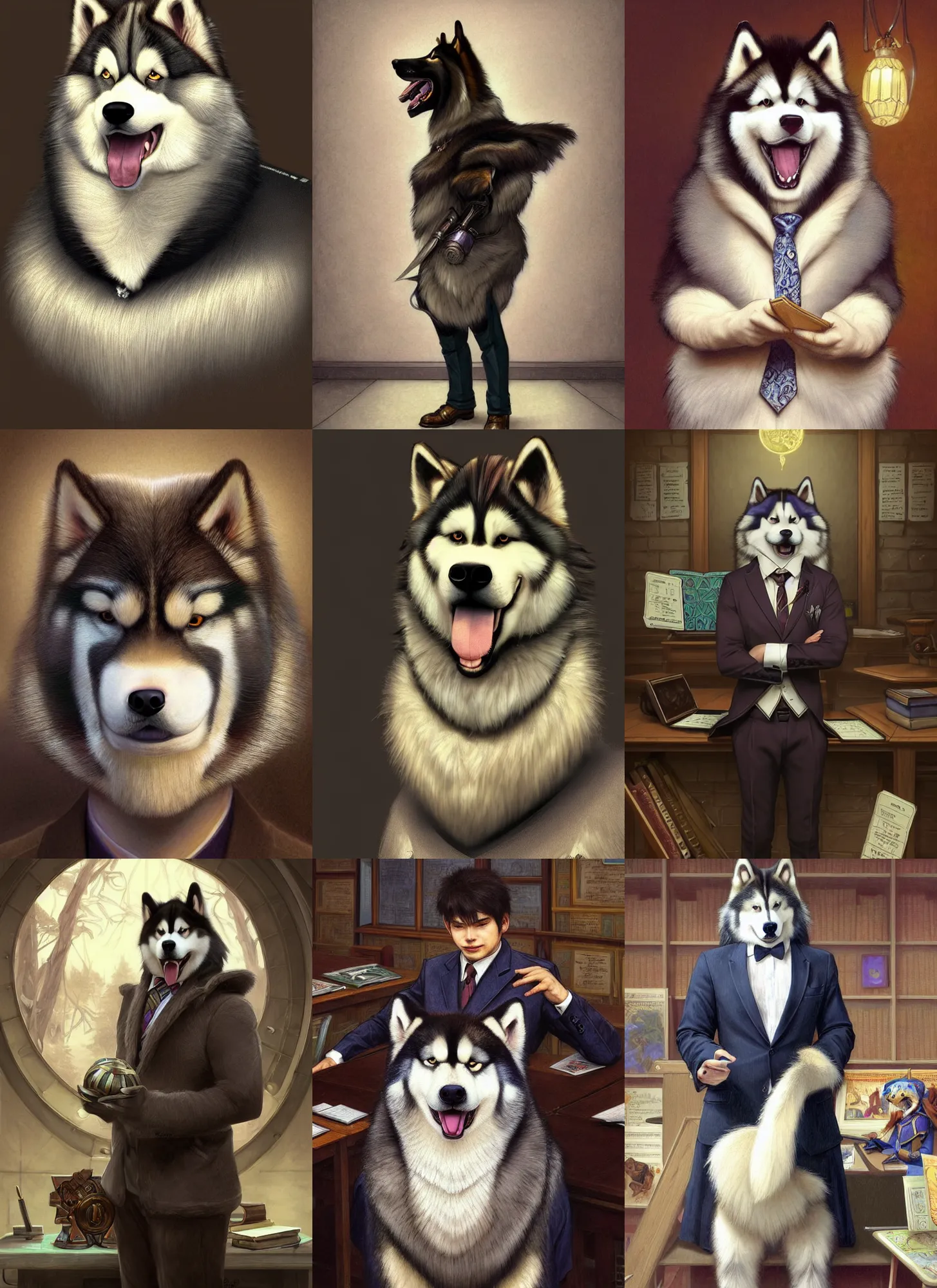 Prompt: full body photograph of a male anthropomorphic malamute fursona wearing a nice suit in a school classroom, deep focus, intricate, elegant, highly detailed, digital painting, artstation, concept art, matte, sharp focus, illustration, d & d, fantasy, hearthstone, art by artgerm and greg rutkowski and alphonse mucha