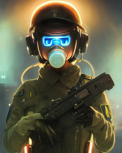 Prompt: anime key visual of a young female police officer, neon, futuristic gas mask, cyberpunk, futuristic, stunning, highly detailed, digital painting, artstation, smooth, soft focus, illustration, art by artgerm and greg rutkowski and alphonse mucha