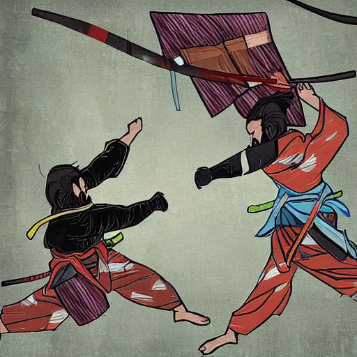 Image similar to 2 samurais fighting each other, Digital art