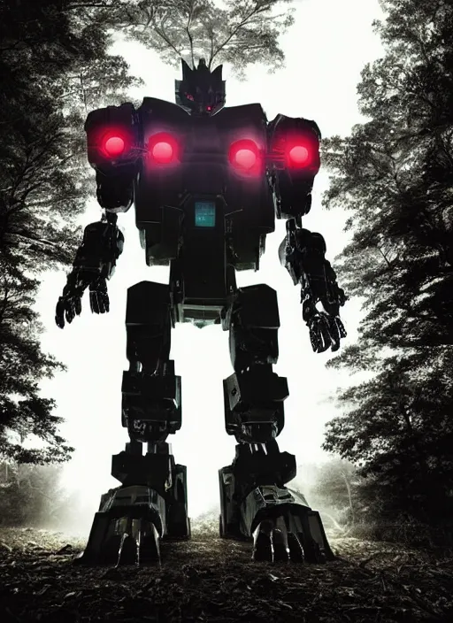 Prompt: a giant robot with very bright eyes walking through a dark forest at night, unnaturally dark, moody