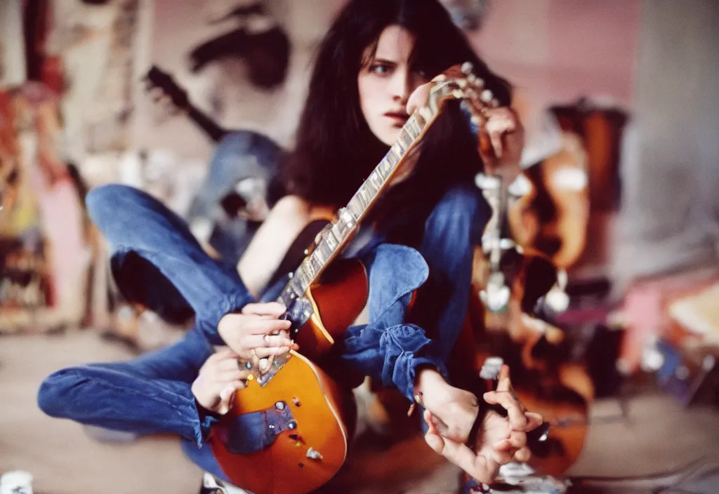 Image similar to hyperreal beautiful women playing guitar in front of a broken flat tv, 3 5 mm, cinestill, depth of field in the style of bruce weber