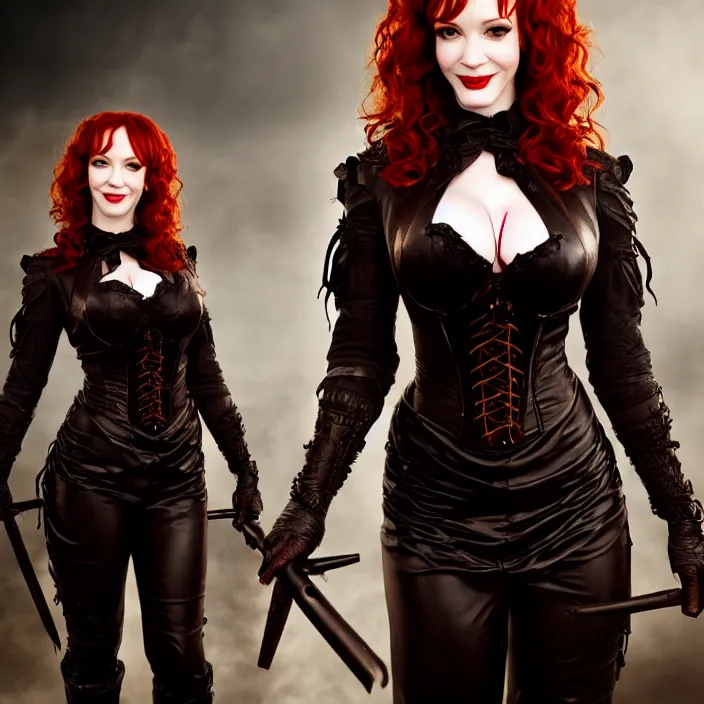 Prompt: professional full length photograph of christina hendricks as a vampire warrior. Extremely detailed. 8k