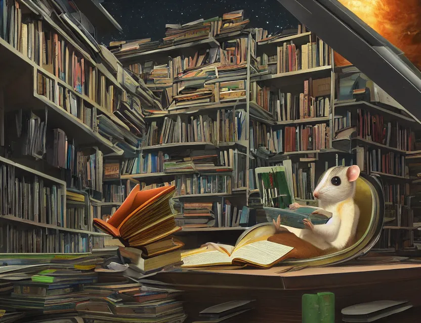 Prompt: student possum reading a book in a cluttered library inside a futuristic spacecraft with views of the universe, chris moore, trending on artstation