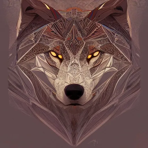 Prompt: Geometric Wolf, intricate, elegant, highly detailed, digital painting, artstation, concept art, smooth, sharp focus, illustration, art by artgerm and greg rutkowski and alphonse mucha