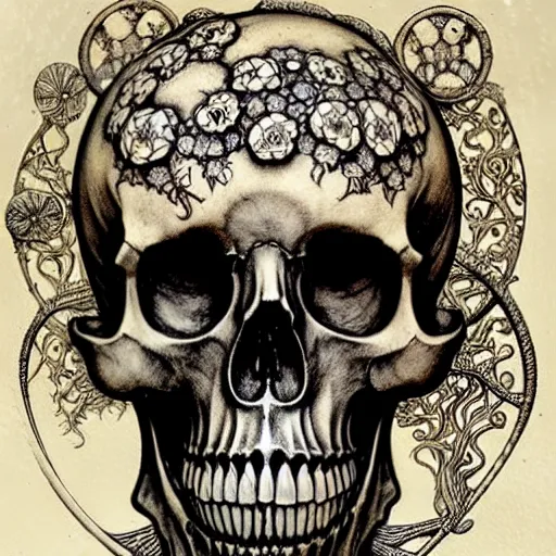 Image similar to melancholy memento mori by arthur rackham, detailed, art nouveau, gothic, ornately carved beautiful antique skull dominant, intricately carved antique bone, skulls, botanicals, art forms of nature by ernst haeckel, horizontal symmetry, arthur rackham, ernst haeckel