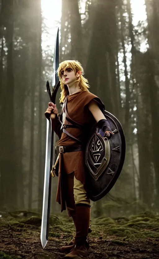 Image similar to epic cinemati shot of Timothee Chalamet starring as Link from Legend of Zelda, 8k movie scene, elf ears, long blonde hair, +++ super super super dynamic posing, super serious facial expression, holding a sword & shield, ocarina of time movie, concept photos, dynamic lighting, dynamic shaders, night time, in the forest, fairy light above