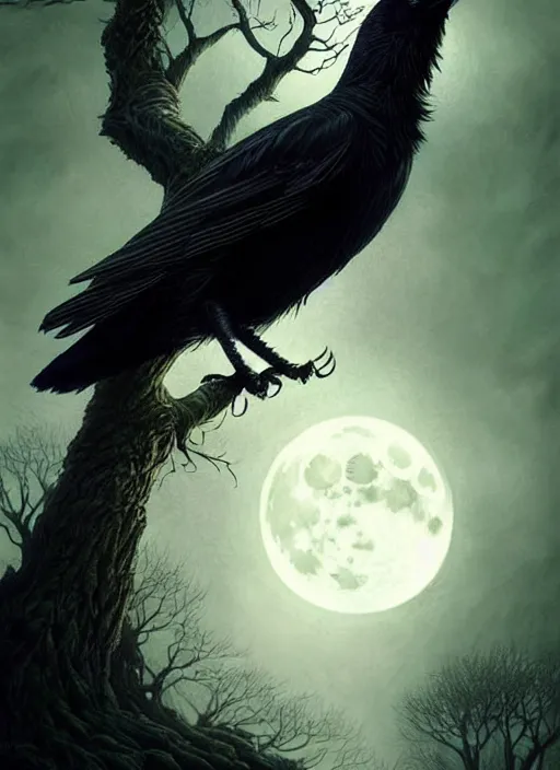 Prompt: side portrait dark crow on tree in front of the full big moon, fine art, awesome fantasy book cover on Pinterest, award winning, fantasy forest landscape, fantasy magic, dark golden light night, intricate, elegant, sharp focus, illustration, highly detailed, digital painting, concept art, matte, art by WLOP and Artgerm and Greg Rutkowski, masterpiece, trending on artstation