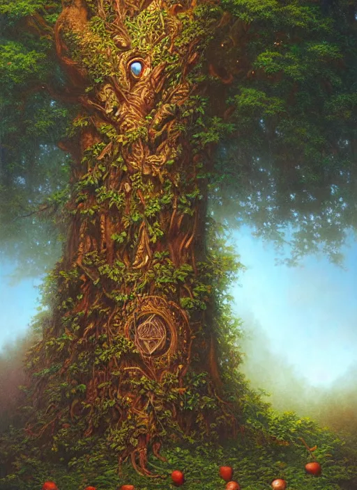 Prompt: ayahuma tree looking like an ent with brown round fruits, art by christophe vacher