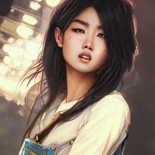 Image similar to a fierce yet beautiful Asian woman wearing overalls, highly detailed, digital painting, artstation, concept art, sharp focus, illustration, cinematic lighting, art by artgerm and greg rutkowski and alphonse mucha