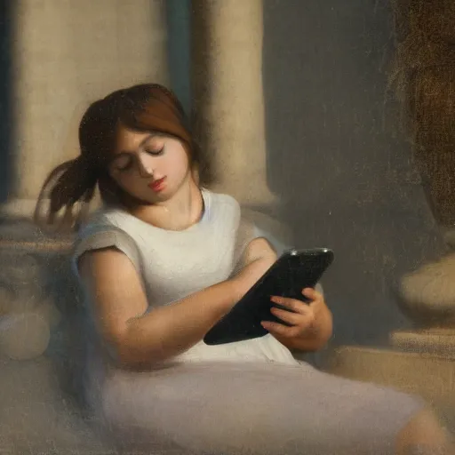 Image similar to a roman painting of a girl playing on her phone, 5 0 mm lens, f 1. 4, sharp focus, ethereal, emotionally evoking, head in focus, volumetric lighting, 8 k