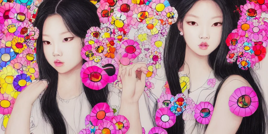 Prompt: a portrait of a very seductive Jennie Kim Blackpink, hair full of flowers, photoillustration, realistic, closeup, facing the camera, dramatic lighting, in the style of Takashi Murakami and Kim Deuk-sin and Okuda Genso