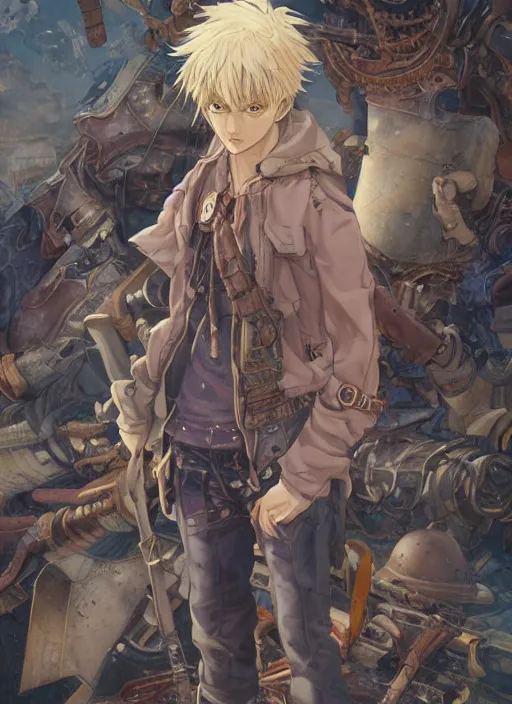 Image similar to prompt : ragnarok online portrait soft light painted by james jean and katsuhiro otomo and erik jones, inspired by akira anime, epic fantasy, a young blonde boy thief wearing plain leather thief clothes standing in a steampunk city, intricate oil painting, high detail illustration, sharp high detail, manga and anime 1 9 9 9