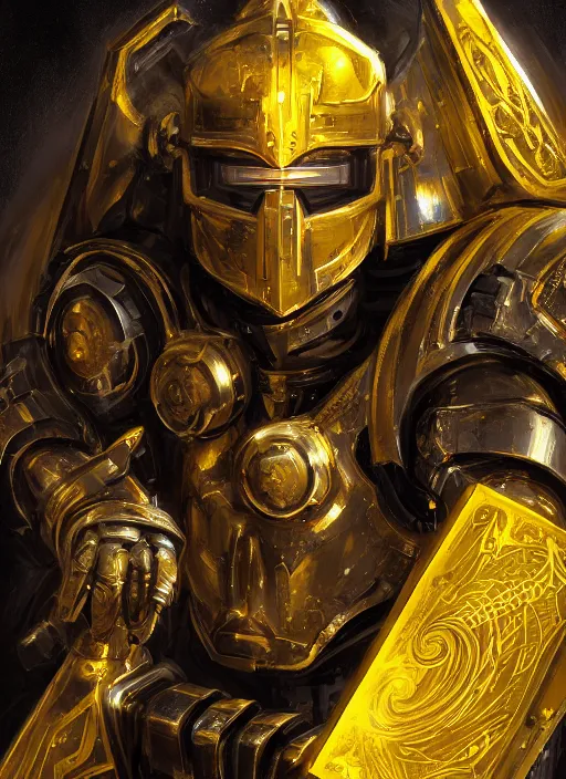 Prompt: dynamic attack position abstract portrait of a intricate glorious holy mechanical warforged character in yellow armor holding a paladin engraved great longsword drawn and carrying a big paladin shield, beam projector when eye is, face in focus, epic , trending on ArtStation, masterpiece, cinematic lighting, by Ross Tran and by Greg Rutkowski