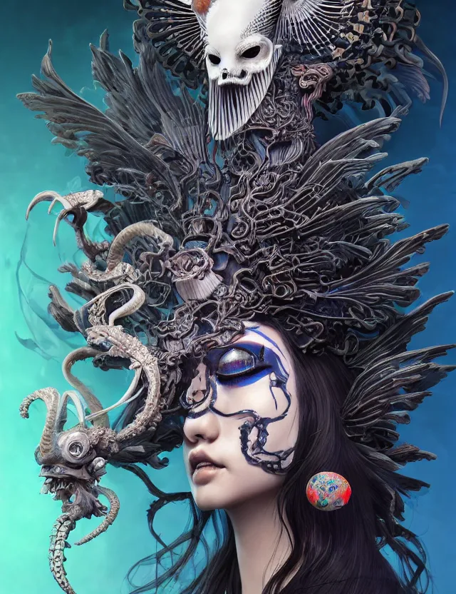 Image similar to 3 d goddess of death close - up profile portrait with ram skull. beautiful intricately detailed japanese crow kitsune mask and clasical japanese kimono. betta fish, jellyfish phoenix, bio luminescent, plasma, ice, water, wind, creature, artwork by tooth wu and wlop and beeple and greg rutkowski