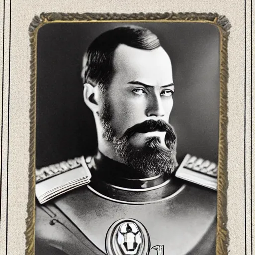 Image similar to tsar nicholas ii as iron man, historical photograph, highly detailed, full length portrait