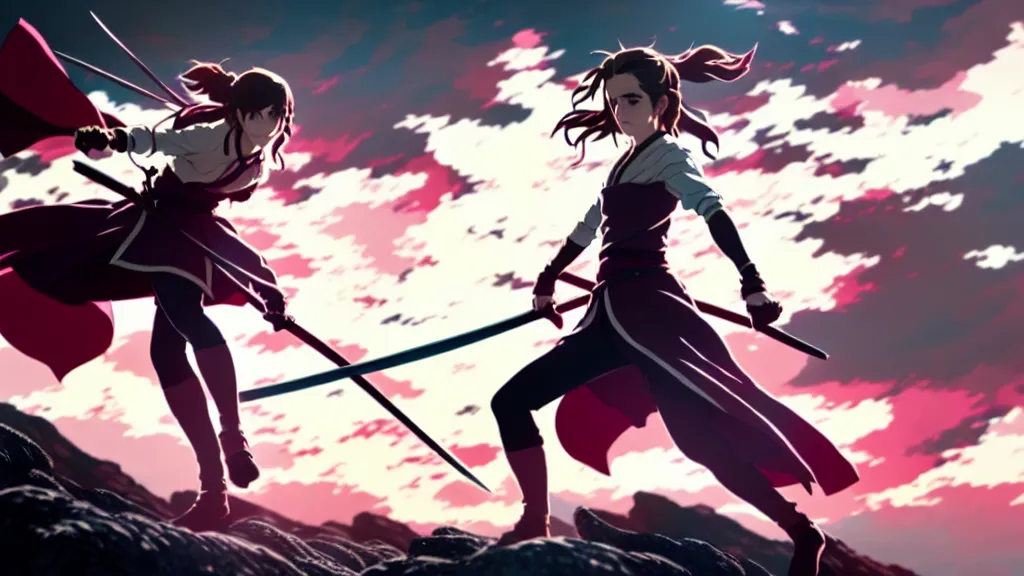 Prompt: a very detailed key visual of emma watson in demon slayer, action lines, ufotable, greg rutkowski, high resolution, dynamic pose, landscape, medium portrait, samurai outfit, action, hyper realistic, anime, koyoharu gotouge, sakuga