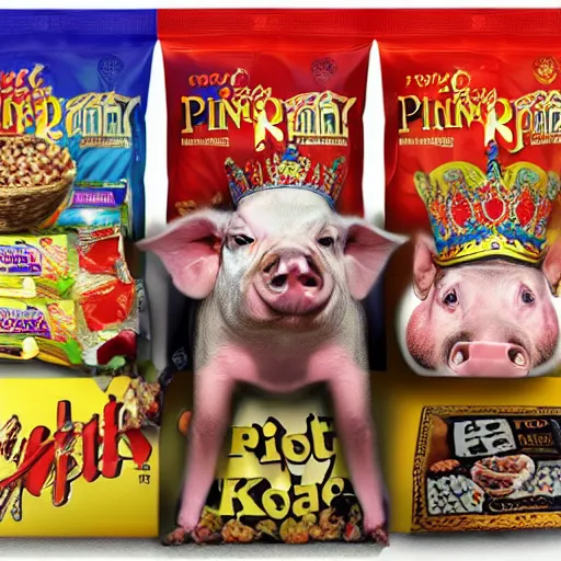 Image similar to photo realistic pig king on throne surrounded snack food bags, realistic, award winning, cinematic