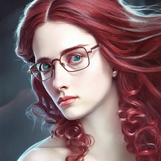 Prompt: portrait, An female doctor with red flowing hair and glasses, beauty, lip gloss, pretty, fantasy, intricate, elegant, highly detailed, D&D, digital painting, artstation, concept art, matte painting, sharp focus, illustration, in the style of Greg Rutkowski and Alphonse Mucha and artemisia, 8k,