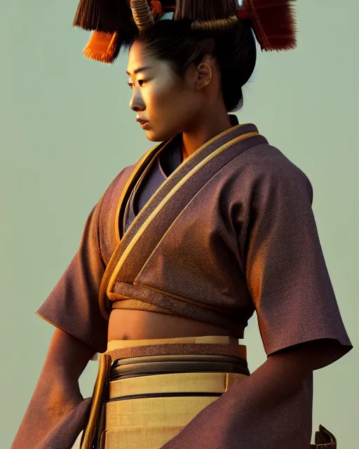 Prompt: front facing portrait of samurai, female, prismatic highlights, smoke atmosphere, super model, brown skin, beautiful, depth of field, cinematic, macro, concept art, 50mm, art station, wepa digital, digital painting, elegant, epic, focus, octane render, v-ray, 8k, C4D, art by Yoshitaka Amano