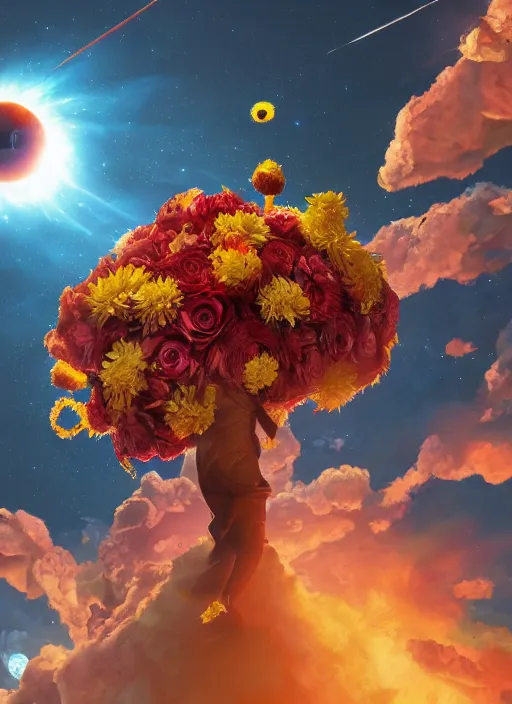 Image similar to An epic fantastic realism comic book style painting of the most beautiful flowers launched into space, bouquets, solar eclipse, fisheye, unreal 5, DAZ, hyperrealistic, octane render, dynamic lighting