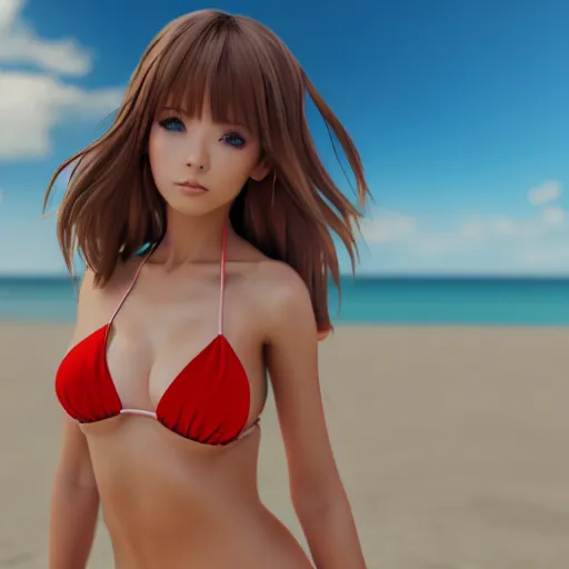 Image similar to Beautiful anime babe wearing a bikini at the beach, Highly Detailed, Photorealism, HD quality, 8k resolution, cinema 4d, 3D, unreal engine 5, high quality, beautiful, cinematic