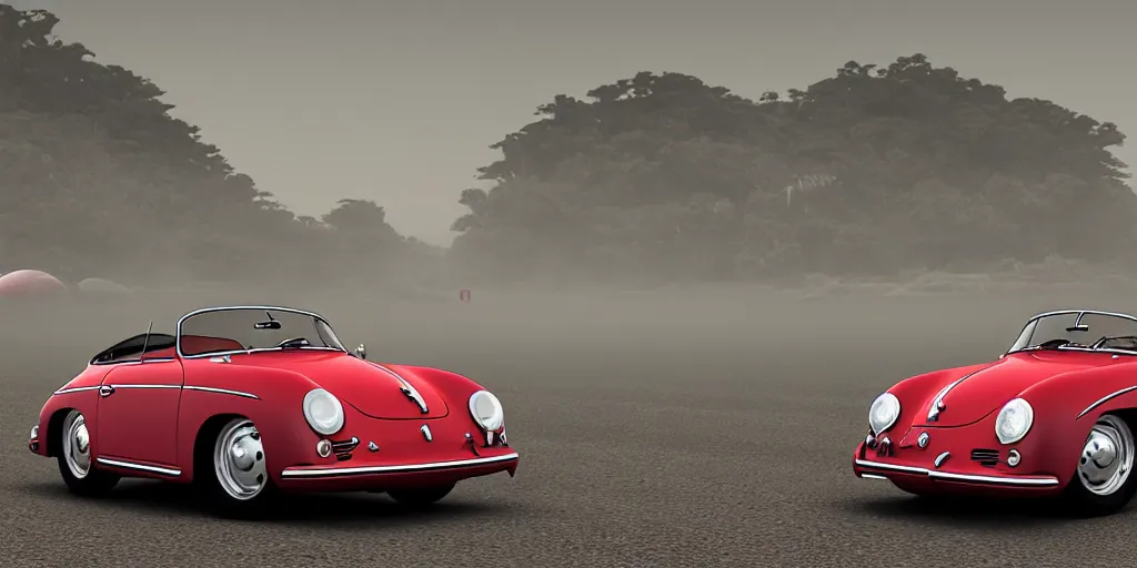 Prompt: abadoned silver porsche 356 roadster, roof up, red interior, at a car park next to a beach in california , morning, misty, unreal engine