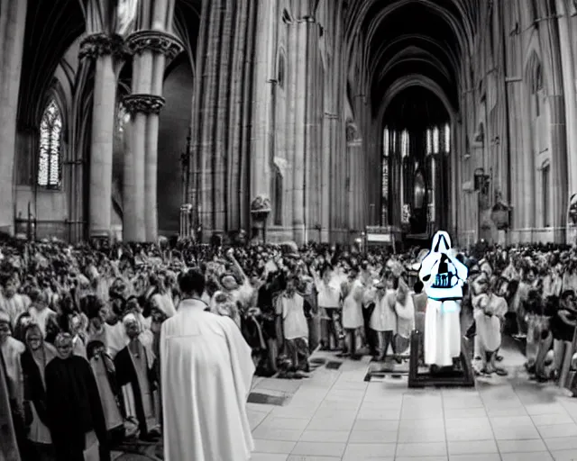 Prompt: R2D2. Getting baptised, in a large cathedral, in front of family and friends. Wide-Angle Lens. Maximum detail.