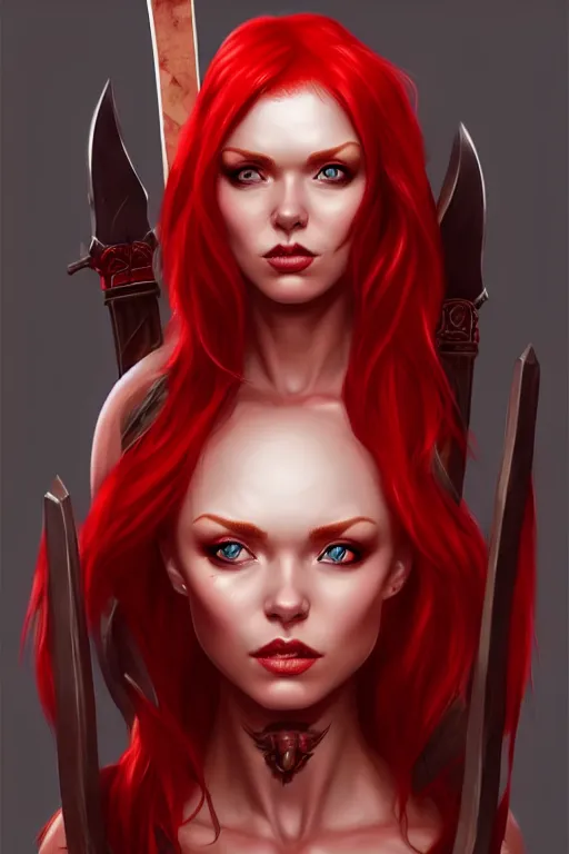 Prompt: a woman with red hair holding two large axes, concept art by senior character artist, true anatomy, extremely beautiful face, extremely detailed face, artstation contest winner, fantasy art, concept art, artstation hd, 2 d game art