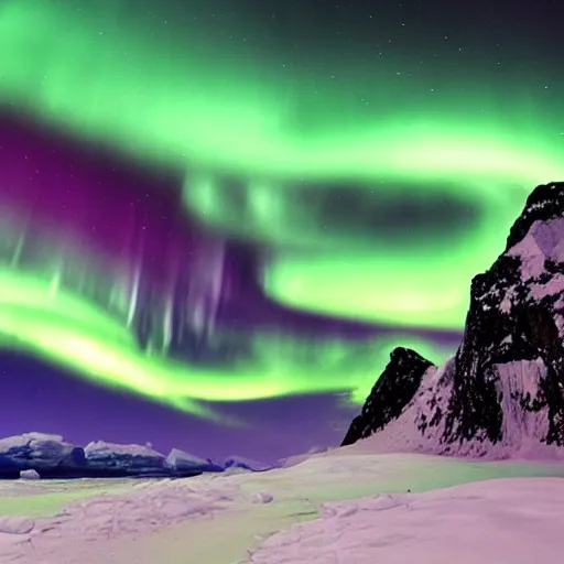 Image similar to evil rising in antarctica, heavy snow storm, northern lights