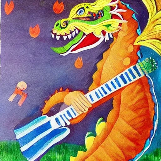 Image similar to russian dragon playing balalika guitar, childrens painting ,