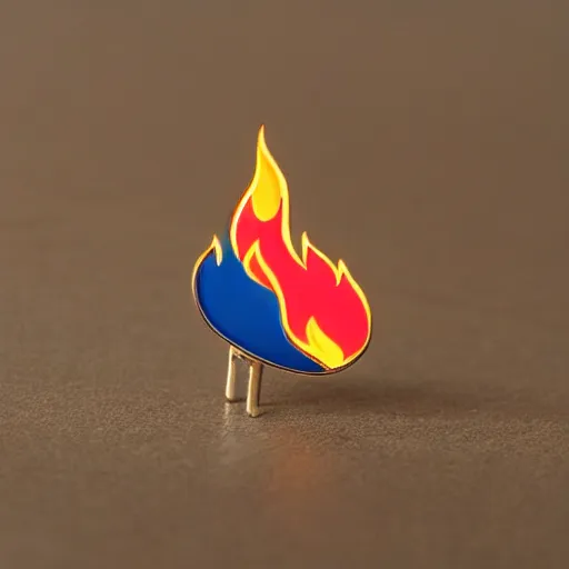 Prompt: a diamond enamel pin depicting a minimalistic clean illustration fire flames warning label, smooth curves