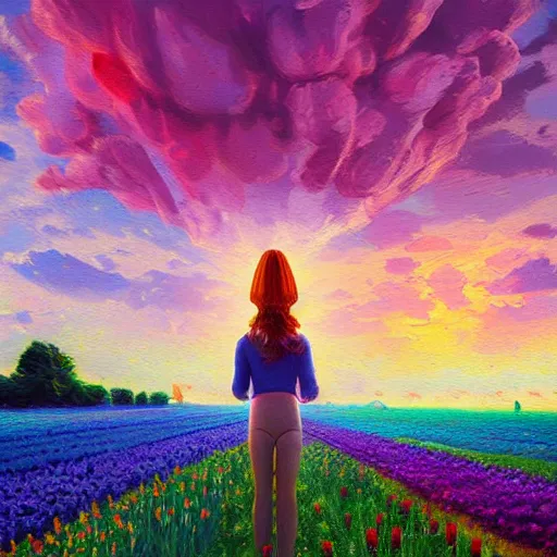 Image similar to girl with a giant tulip head, surreal photography, flower field, sunset dramatic light, impressionist painting, colorful clouds, blue sky, digital painting, artstation, simon stalenhag