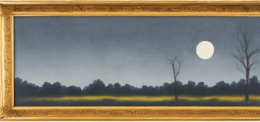 Image similar to tonalist landscape with trees and moon, high contrast, moody, prominent prussian blue and hansa yellow, no frame