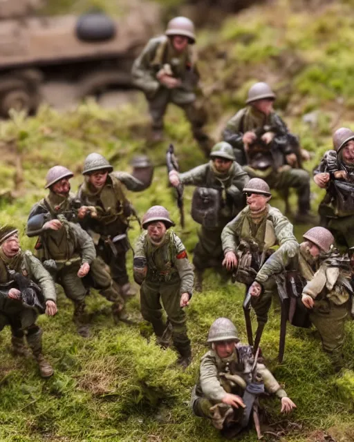 Image similar to high quality presentation photo of a detailed miniature diorama muppets in wwii, photography 4k, f1.8 anamorphic, bokeh, 4k, Canon, Nikon